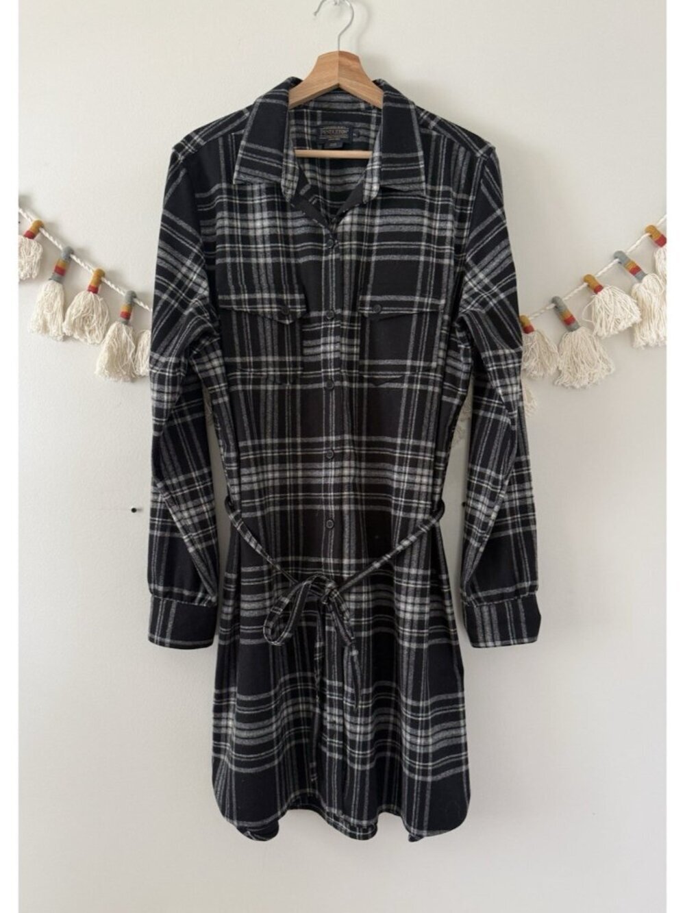 Pendleton 100% Wool Black Plaid Flannel Shirt Dress Belted Preppy NWOT XL